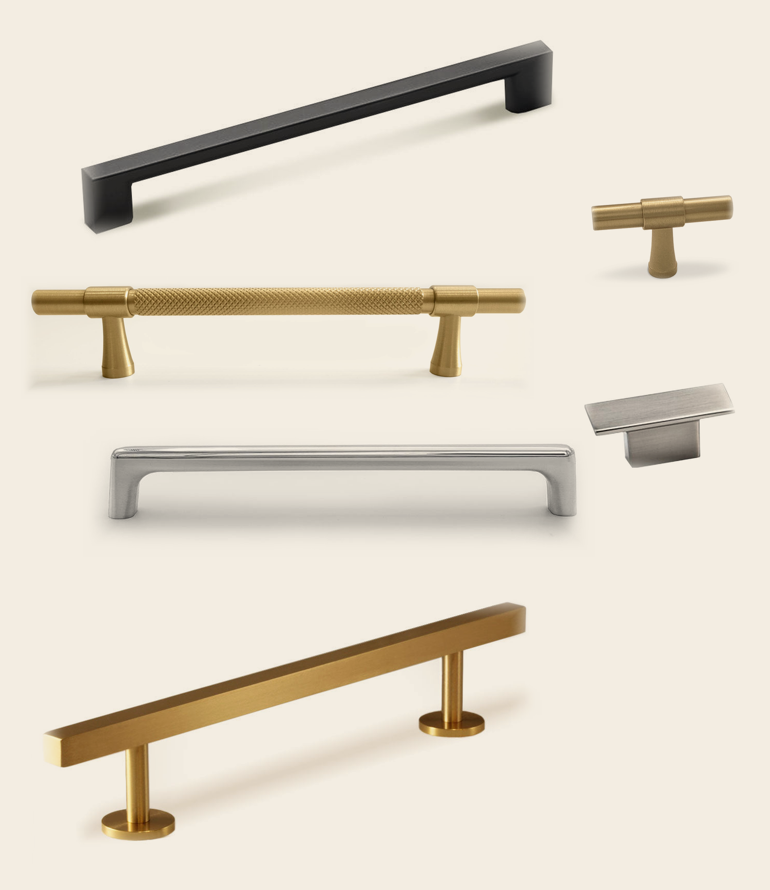 Designer cabinet pulls and knobs in black, brass, nickel and chrome