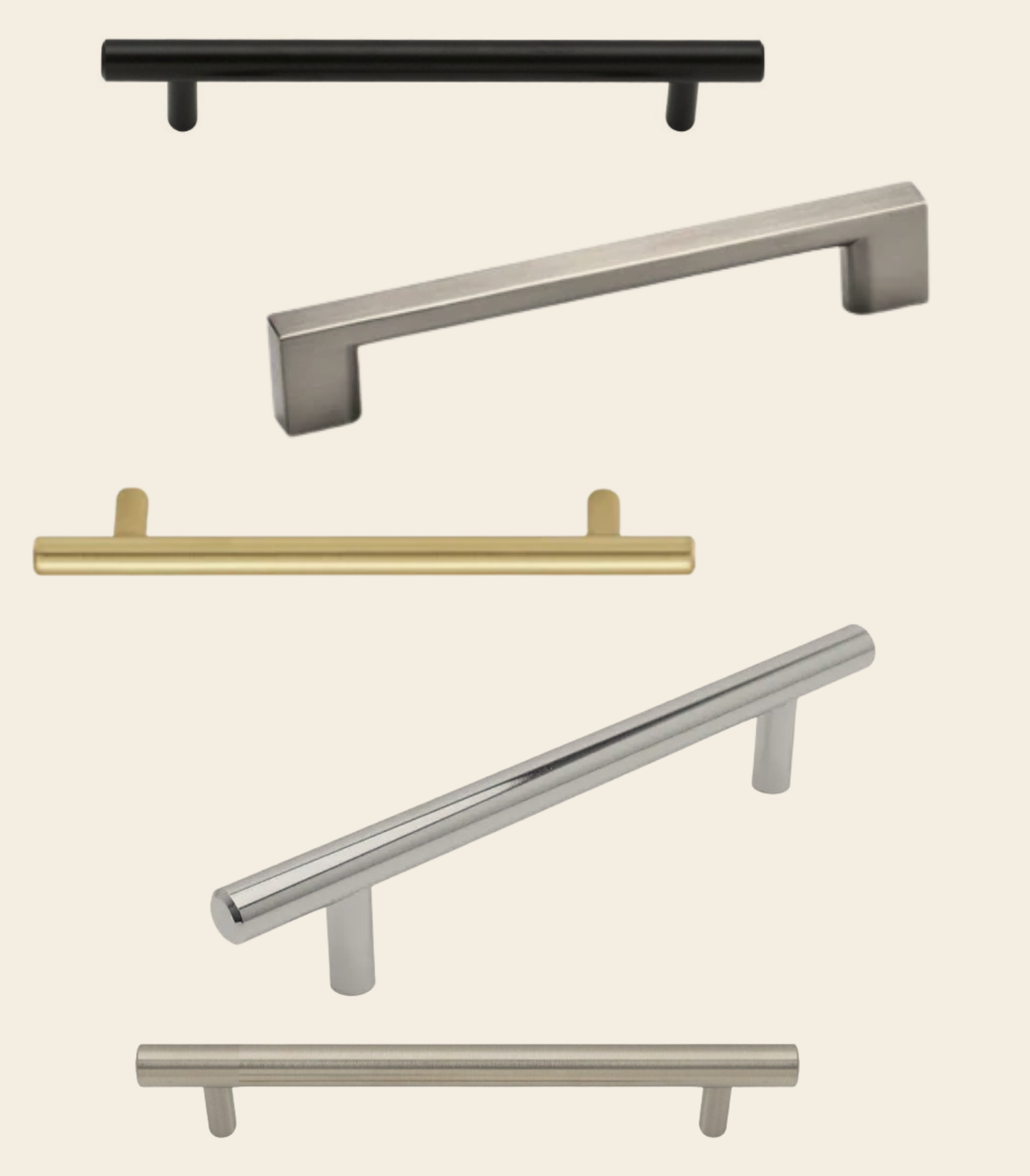 Cabinet pulls in matte black, brushed nickel, brushed gold and chrome on warm background